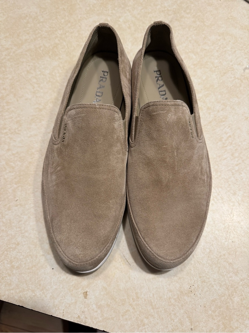 Prada Men's Taupe Suede Slip-Ons with Subtle Logo - Picture 3 of 4